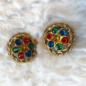 Vintage Gold Braid Earrings w/ Rainbow Gems
